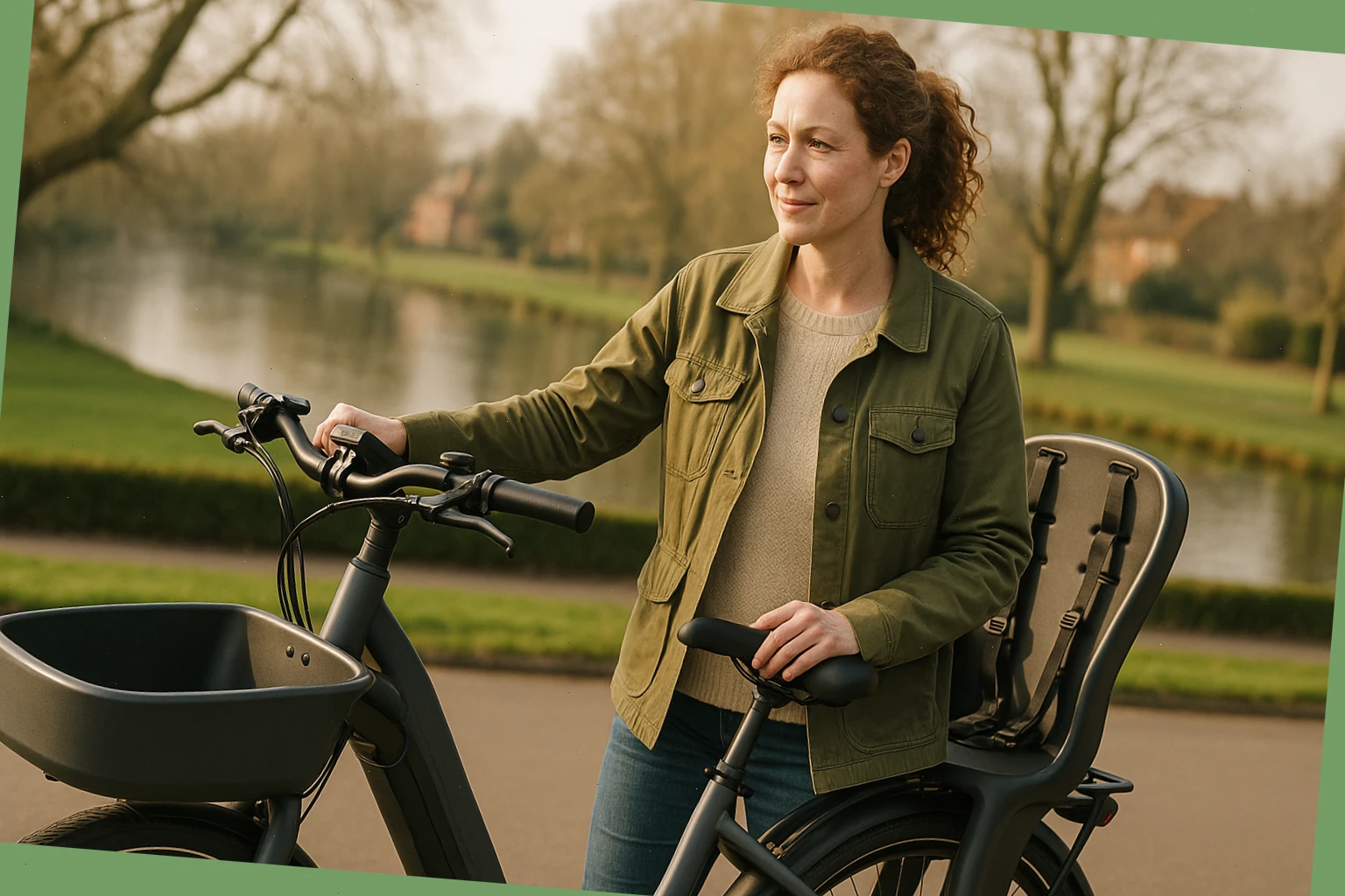 Family cargo e-bike with child bench and straps