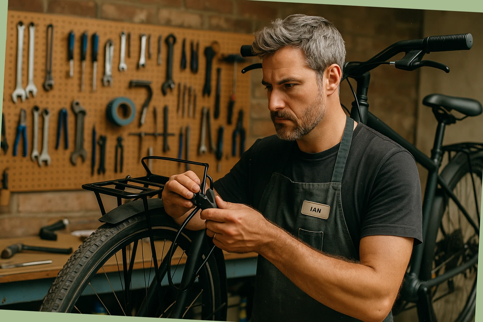 Lead mechanic Ian checking brakes at the workbench