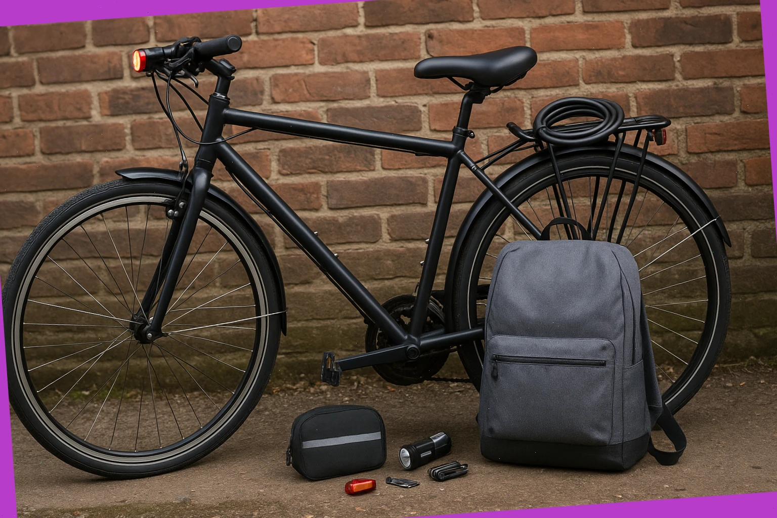 Weekly commuter bike pack with lock, lights, and toolkit